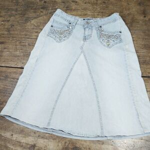 ANGELS Denim Skirt Sz Small?? Sequins Bedazzled Beads Embroidered Jeans Y2K 90s